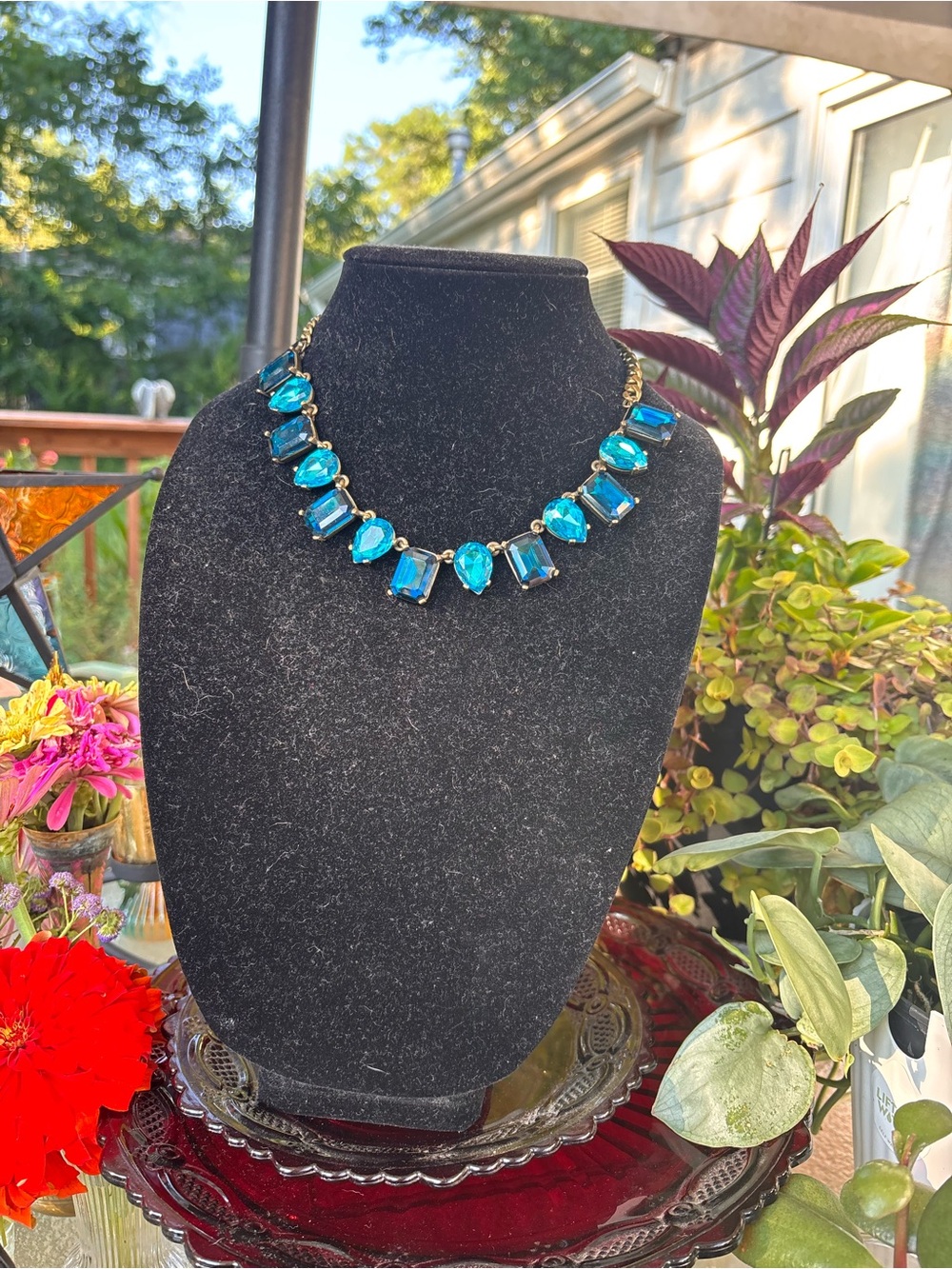 Vintage Teal and  Blue -Necklace - Elegant Sparkling Drop & Emerald Cut Stones